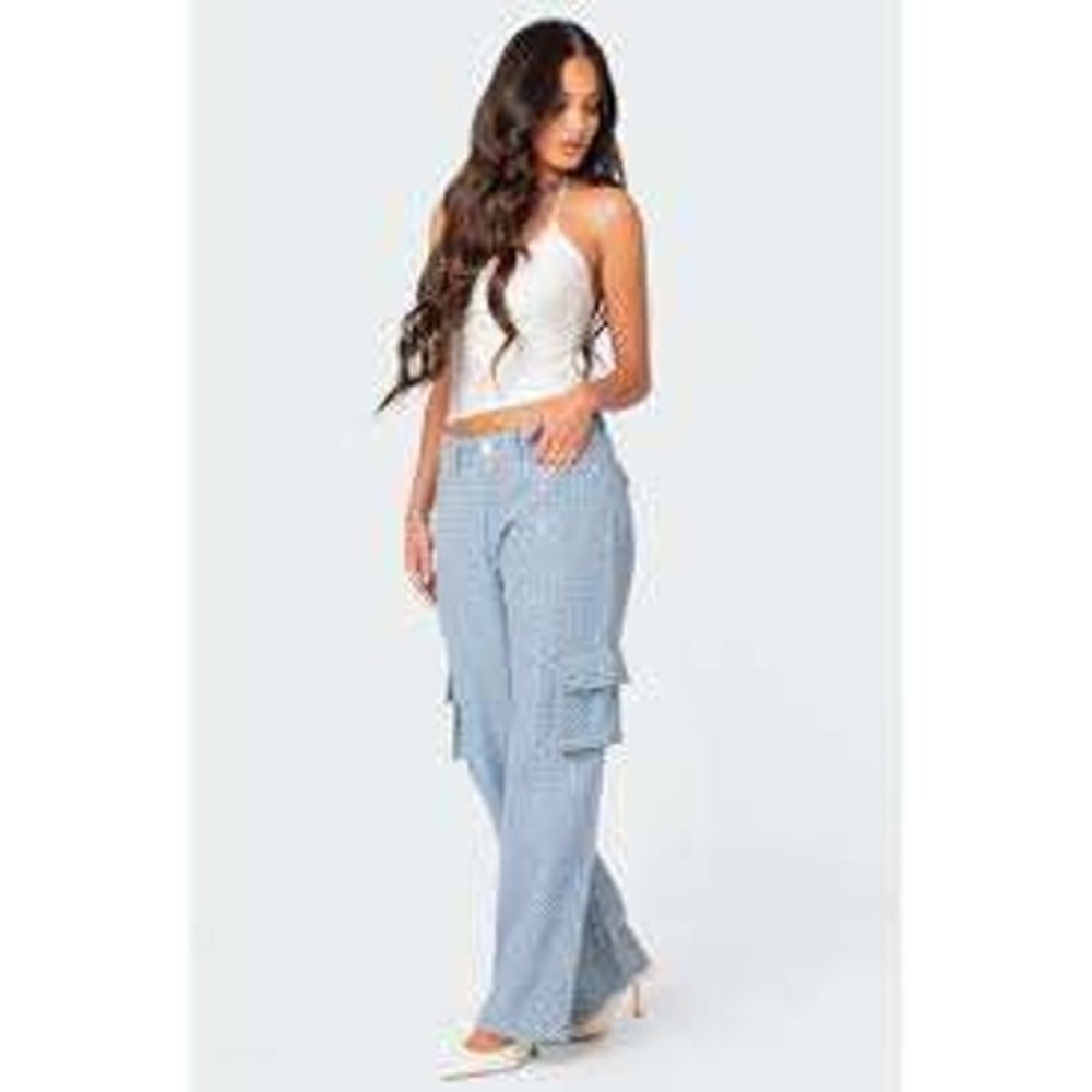 Princess Polly Blue White Hickory Stripe Cargo Pants Straight Leg US‎ 4